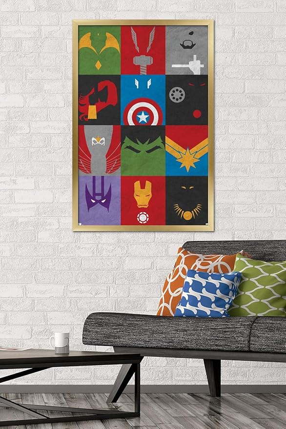 Trends International Marvel Comics - Avengers - Minimalist Grid Wall Poster, 22.375" x 34", Gold Framed Version