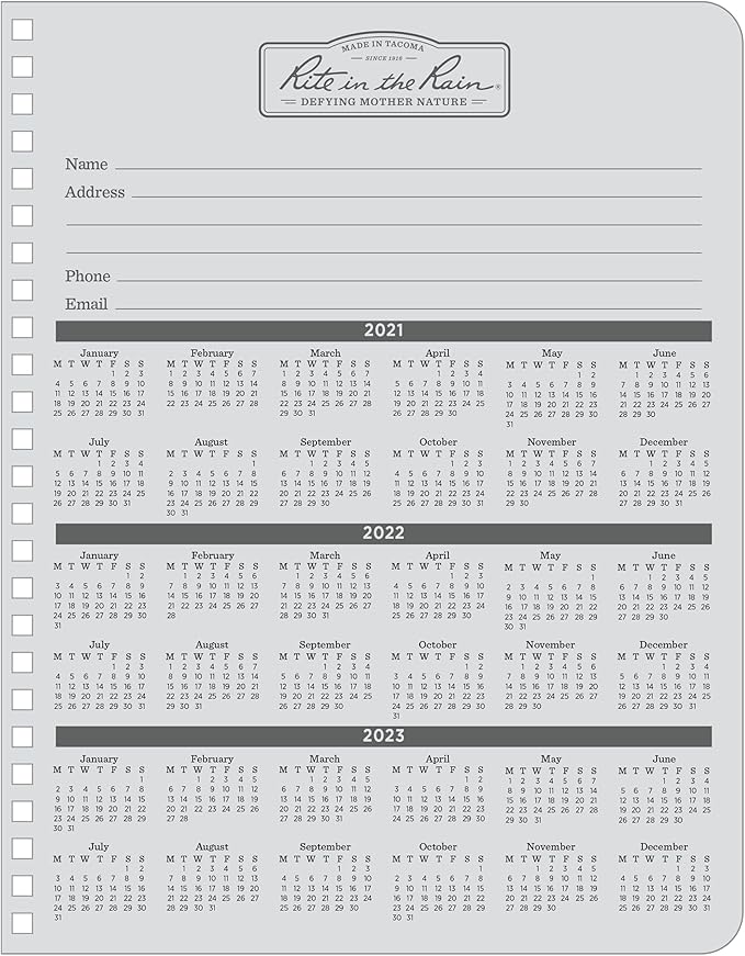 Rite in the Rain Weatherproof Side Spiral Weekly Planner, 6.625" x 8.5", Black Cover, Undated Calendar (No. P52-LG)