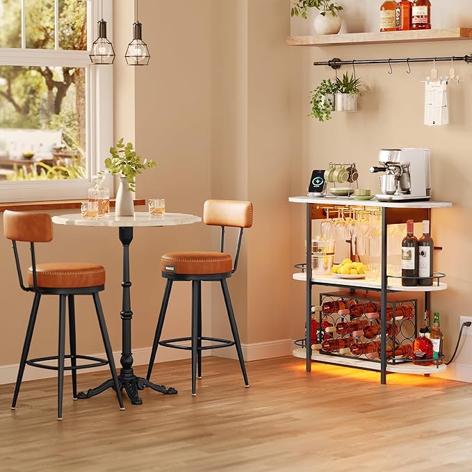 VASAGLE Bar Cabinets for Home, LED Coffee Bar with Power Outlets, Home Mini Bar for Liquor, Freestanding Wine Rack with Glass Holder, Kitchen, Dining Room, Rustic White ULWR007W01