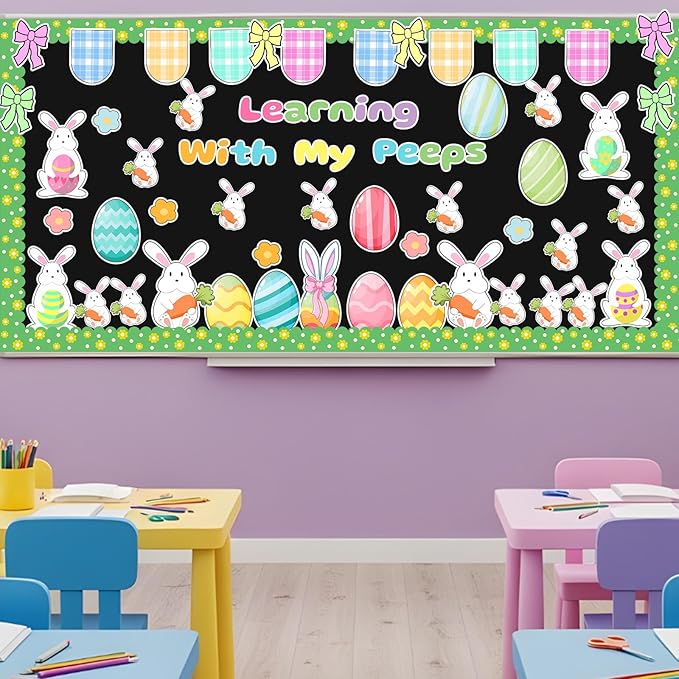 Auch Easter Bulletin Board Decorations Set - 79 Pcs Spring Classroom Decor with Bunnies & Easter Eggs, “Learning with My Peeps” Bulletin Board Kit for School Classroom Daycare Preschool