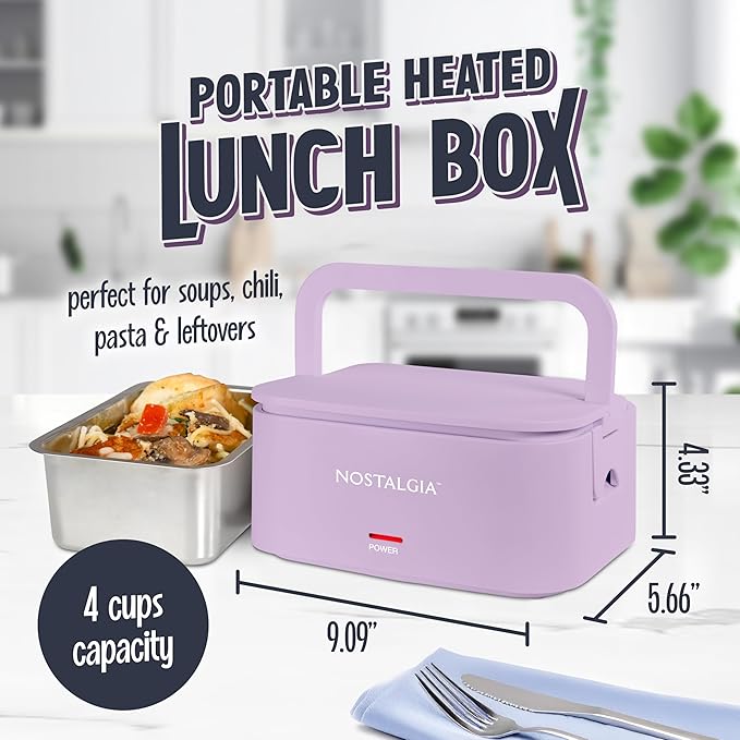 Nostalgia Portable Heated Lunch Box – 4-Cup Stainless Steel Food Warmer – Detachable Cord, Leak-Proof Lid, Carry Handle – Portable for Work & Travel – Lavender