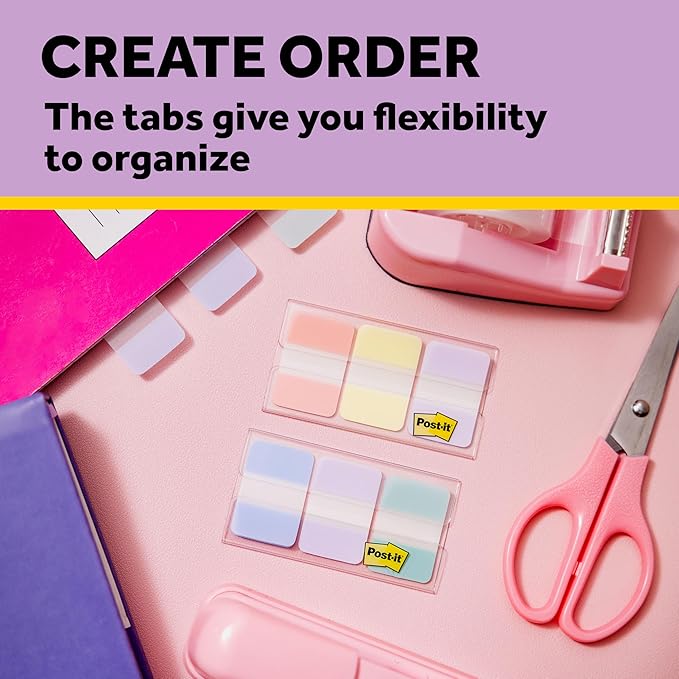 Post-it Sticky Tabs, 1 in. x 1.5 in., 3 Pads of Book Tabs in Assorted Warm Pastel Colors for Bookmarking, Annotating, Reading, and Reminders, Orange, Yellow, and Purple Colors (36 Total Count)