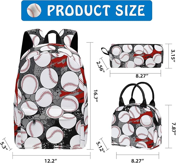 Baseball 3PCS Backpack for Boys Girls, Kids Back to School Backpack Sets with Lunch Bag Pencil Case, 17 Inch Lightweight Bookpack 3 in 1 Set for Teens Elementary Middle High School Students