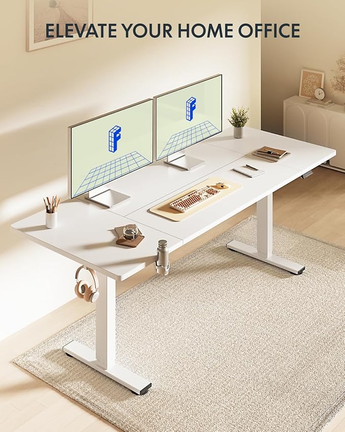 FLEXISPOT 79x32 Inch Electric Large Standing Desk for Home & Office, Spacious Splice Board Desk with Cable Management & Organizer, Cup Holder & Hook, White