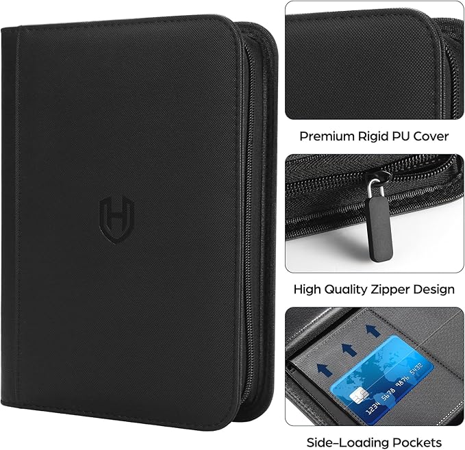 Card Binder 4 Pocket with Zipper, 288 Pockets Trading Card Holder Book, Premium PU Cover Zip Folder Binder, Side Loading Carrying Case Binder Album for TCG, MTG, Sports Cards, Game Cards