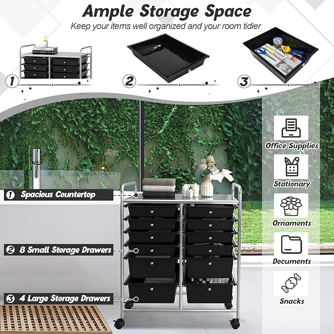 COSTWAY 12-Drawer Rolling Storage Cart, Moveable Art Craft Organizer W/Lockable Wheels, Metal Shelf, Files Arrangement Tools Makeup Storage Cart for Office, Home, School (Black)