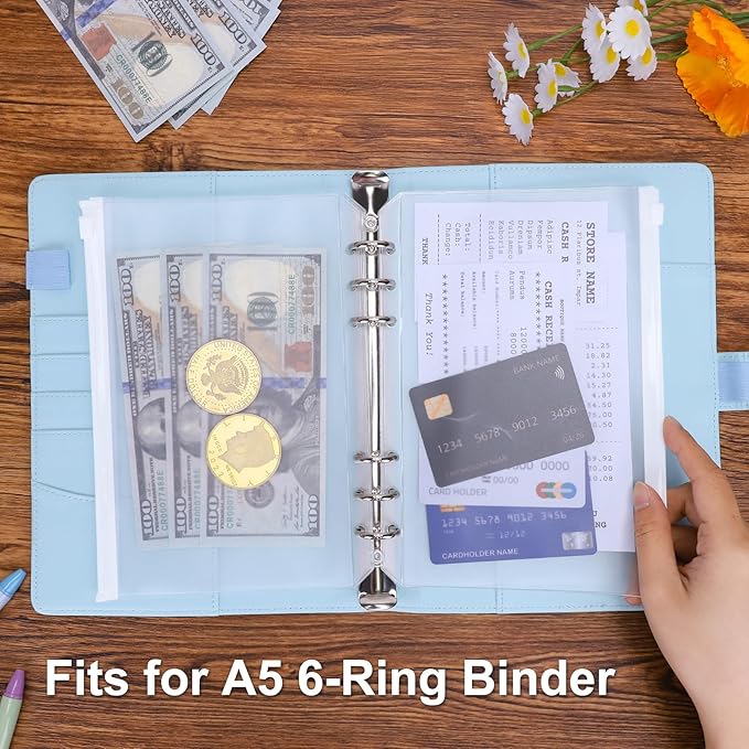 Antner 30pcs A5 Binder Pockets 6-Hole Budget Planner Inserts Cash Stuffing Envelopes for Money Organizer, White Zipper Pouch Folders Waterproof PVC Loose Leaf Filling Bags for A5 6-Ring Savings Binder