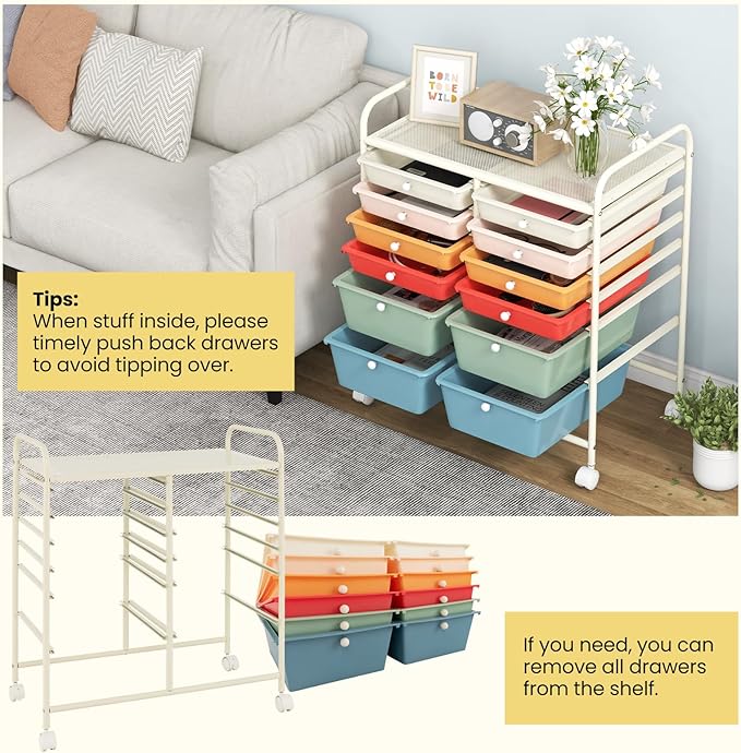 COSTWAY 12-Drawer Rolling Storage Cart, Moveable Art Craft Organizer W/Lockable Wheels, Metal Shelf, Files Arrangement Tools Makeup Storage Cart for Office, Home, School, Macaron