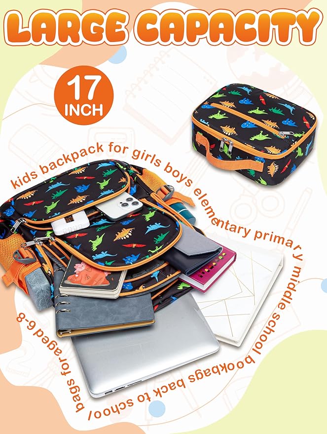 BLUEFAIRY Kids Backpack with Lunch Box for Girls Boys Elementary Primary Middle School Bag with Lunch Bag Set 17 Inch Bookbag Mochilas Escolares para Niñas Niños (Dinosaur, Orange)