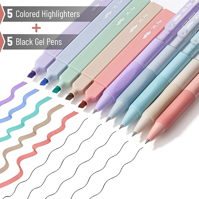 Mr. Pen- Aesthetic Highlighters and Gel Pens, 10 Pack, Pastel Colors No Bleed Bible Highlighters, Black Ink Gel Pens