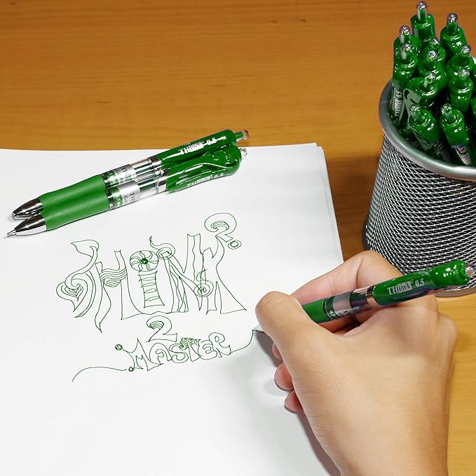 [24 Pens - Green Ink] Think2 Retractable Gel Pens. (24 Green) Fine Point (0.5mm) Rollerball Pens with Comfort Grip.