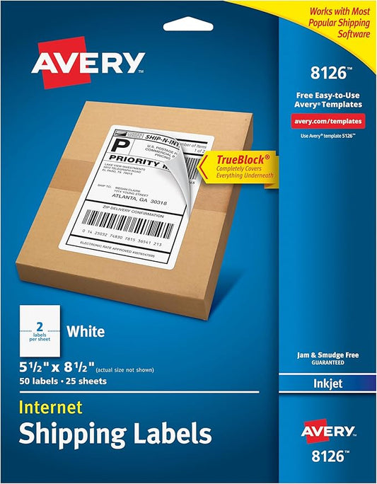 Avery Half-Sheet Printable Shipping Labels, 5.5" x 8.5" Customizable Stickers, White, 50 Blank Mailing Labels, Great for Mailing, Shipping, Organizing, and More, 250 Labels Total (5-Pack of 8126)