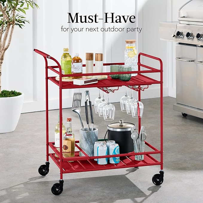 Best Choice Products Rolling Bar Cart, Mobile Home Bar Serving Cart, Serving Station w/ 2 Tier Shelves, Wine Rack, Lockable Wheels - Red
