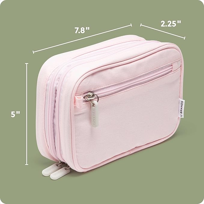 U Brands Dual Zip Canvas Tech Organizer Pouch, 7.8" x 5" Cord Organizer, Computer Accessories, Travel Essentials, Travel Gifts for Men Who Have Everything, Electronics, Petal Pink