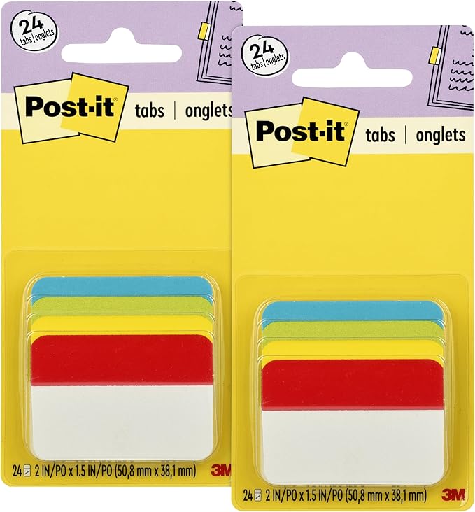 Post-it Tabs, 2 in Angled Solid, Assorted Primary Colors, 6 Tabs/Color, 4 Colors, 24 Tabs/Pack (686A-ALYR) (Pack of 2)