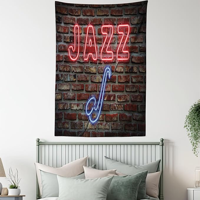 Ambesonne Music Tapestry, Image of Alluring Neon All Jazz Sign Saxophone Instrument on Brick Wall Print, Fabric Wall Hanging Decor for Bedroom Living Room Dorm, 23" X 28", Red Blue