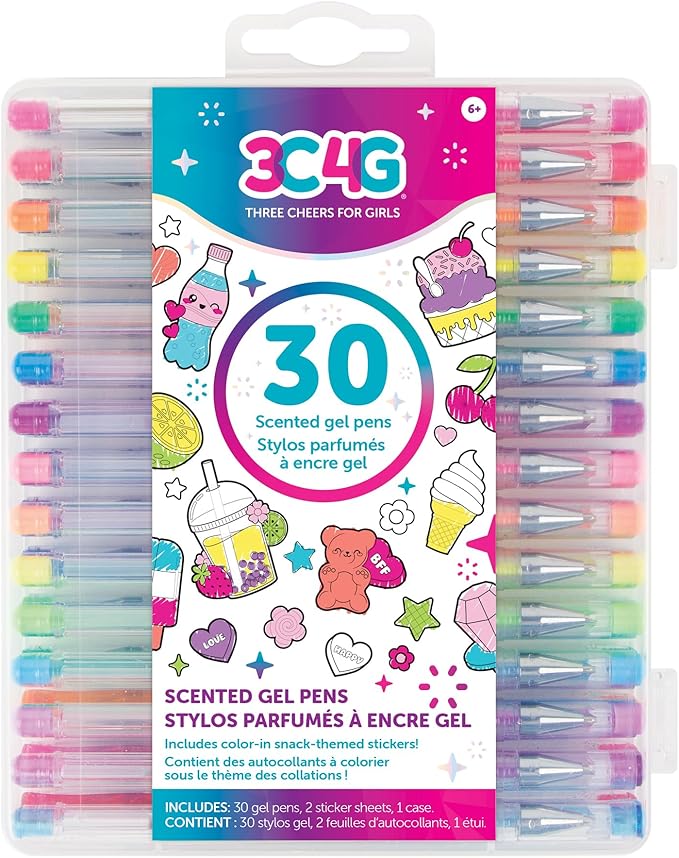 3C4G: 30 Scented Gel Pens - w/ 2 Color-in Snack Themed Sticker Sheets, 30 Different Vibrant Colors, Writing & Drawing, Three Cheers for Girls, Ages 6+