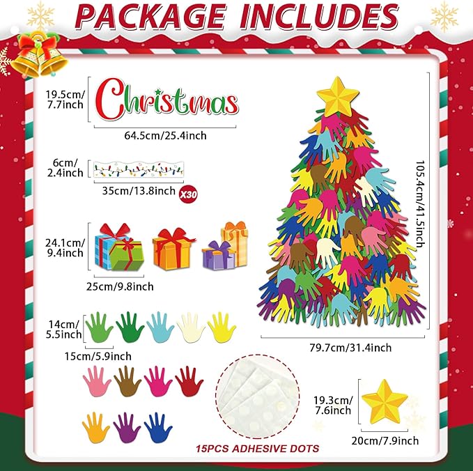 Christmas Bulletin Board Decoration Set Xmas Tree Handprint Name Tags Cutouts for Xmas Holiday Bulletin Board Decor Craft Home Wall(Merry Christmas)