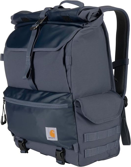 Carhartt 40L Nylon Roll Top Backpack, Heavy-Duty Water-Resistant Material W/ 17" Laptop Sleeve, Bluestone