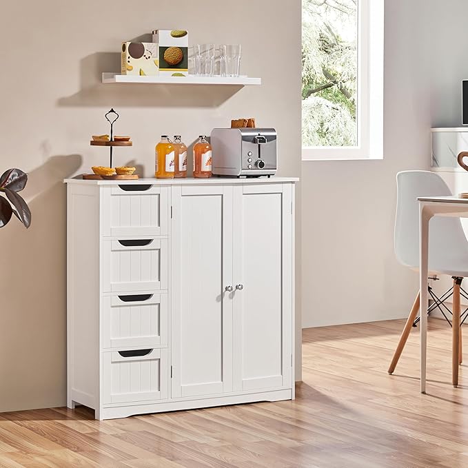 Yaheetech Wooden Bathroom Floor Cabinet, Side Storage Organizer Cabinet with 4 Drawers & Double Doors, Freestanding Entryway Storage Unit Console Table, Bathroom Furniture Home Decor, White