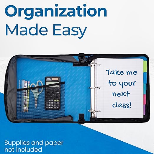 Case-it Classic Zipper Binder | 2-Inch O-Rings, 350 Sheet Capacity, Multiple Storage Pockets & Shoulder Strap | School & Office Organizer | D-251 Denim Blue