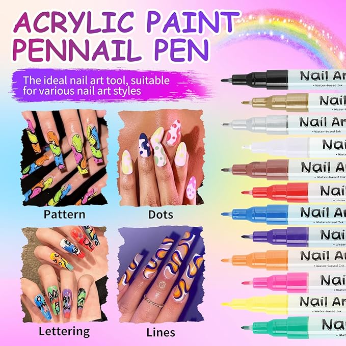 12 Colors Nail Art Pens Set，0.5 MM Nail Polish Pens Set Drawing Painting Point Liner Acrylic Painted Pen Graffiti Nail Dotting Pen Liner Brush for DIY Nail Art Beauty Adorn Manicure Tools