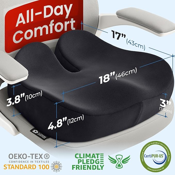 5 STARS UNITED Seat Cushion for Tailbone Pain Relief – Large Memory Foam Cushion for Coccyx, Hip, Sciatica & Post-Surgery Recovery – Wheelchair, Car, Desk, Gaming & Office Chairs, Black, XX-Large