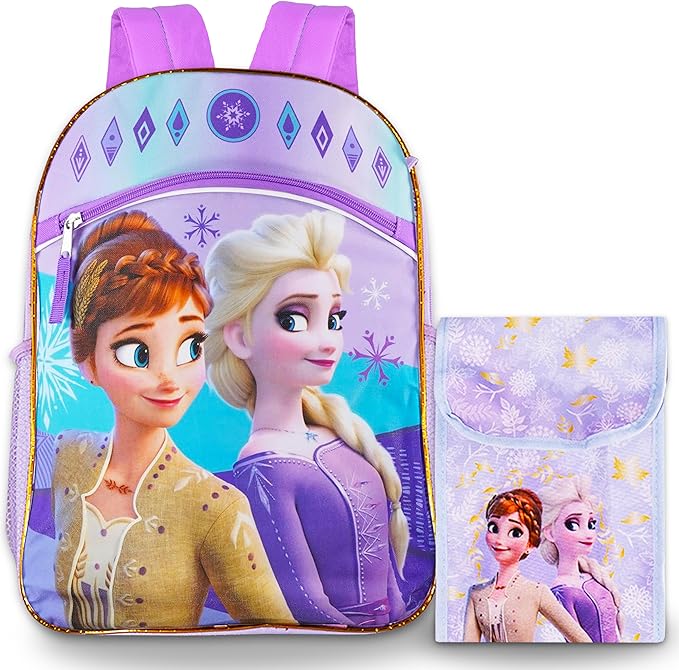 Disney Frozen Backpack for Girls - Bundle with 16" Elsa and Anna School Bag and Insulated Lunch Tote Frozen Backpack Set for Kids