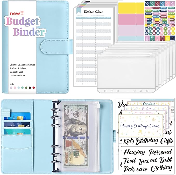 Sooez Budget Binder with Money Saving Challenge, Money Saving Binder with Cash Envelopes, Expense Sheets, Challenge Tracker & Category Labels, Envelope Savings Challenges Book for Home Office School