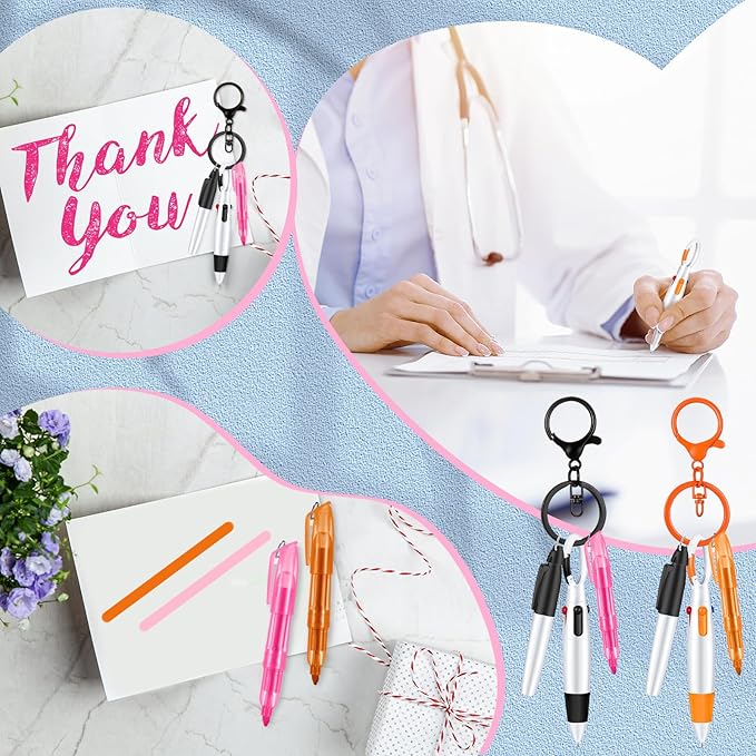 Sabary Mini Highlighter Nurse Pen Pack Set Nurse Pens for Badge Include Pink and Purple Tip Highlighter 2 Permanent Marker and 2 Retractable Ball with 2 Keychain Clip(Pink, Orange)