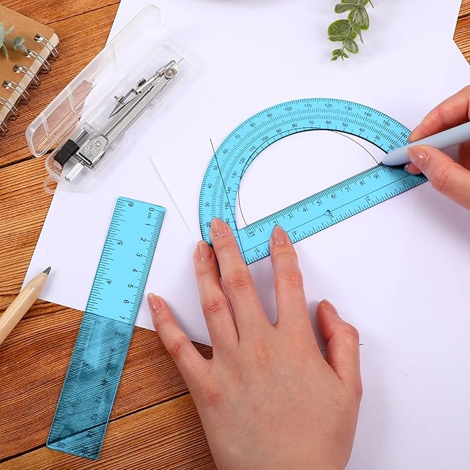 Zonon 3 Pcs Plastic Ruler 6 Inch Protractor Drawing Compass Set, Student Geometry Math Transparent Measuring Tools for Home School Classroom Office Supplies(6 Inch,Blue)
