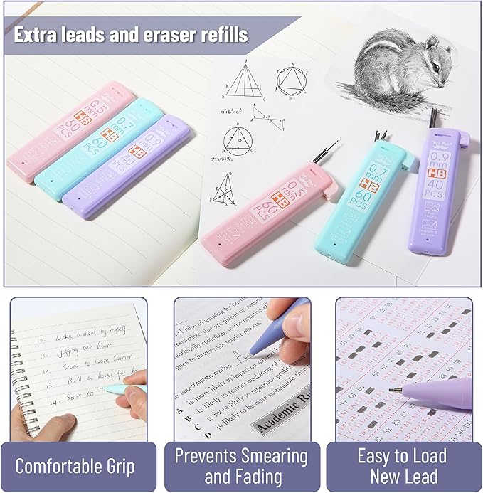Mr. Pen- Pastel Mechanical Pencil Set with Lead Refills & Erasers, 6 Pack, 3 Sizes, 0.5 0.7 & 0.9mm, Aesthetic Mechanical Pencils Set, Pastel Mechanical Pencils