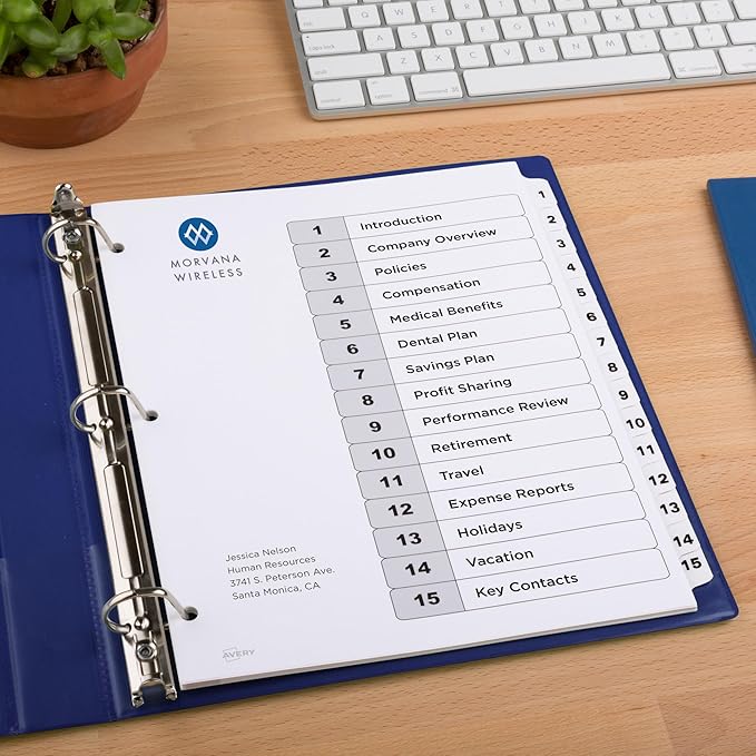 Avery Dividers for 3 Ring Binders, 15 Tabs per Set, Customizable Table of Contents, Classic White Tabs, Great for Organizing Reports, Projects, and More (11142)