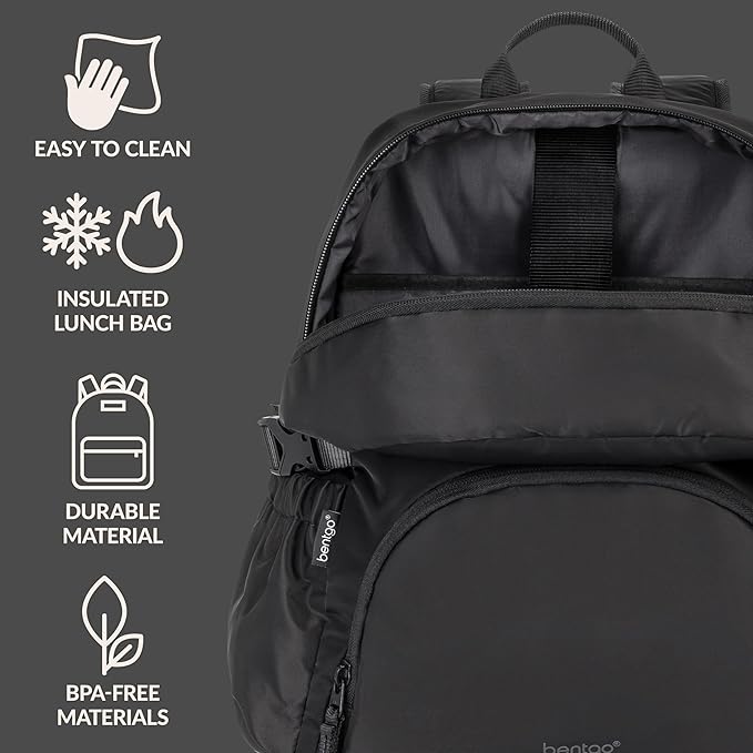 Bentgo 2-in-1 Adult Backpack & Insulated Lunch Bag – Lightweight, Water-Resistant Travel Backpack with 9 Compartments, Laptop Sleeve & Trolley Sleeve for Work & Everyday Use (Obsidian Charcoal)