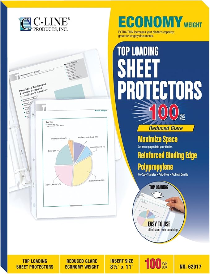 C-Line Top Loading Economy Weight Poly Sheet Protectors, Reduced Glare, 8.5 x 11 Inches, 100 per Box (62017)