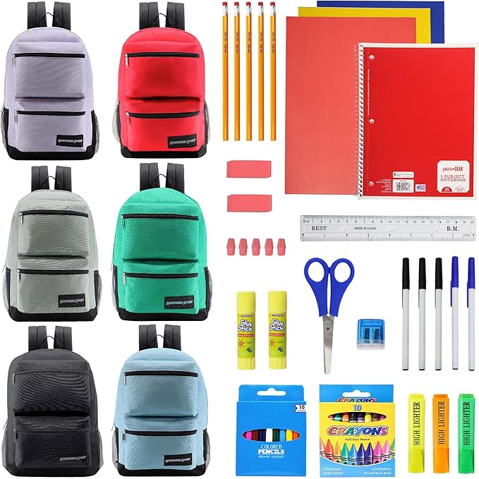 6-Pack 19” Sport Backpacks with 50 Piece School Supplies Kits - Pens, Pencils, Crayons – Bulk Bundle for Elementary, Middle, and High School Students, 6 Assorted Styles