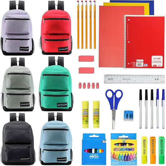 6-Pack 19” Sport Backpacks with 50 Piece School Supplies Kits - Pens, Pencils, Crayons – Bulk Bundle for Elementary, Middle, and High School Students, 6 Assorted Styles