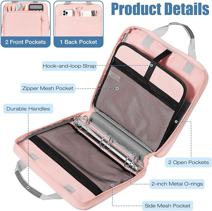 MoKo Zipper Binder, 2 Inch 3 Ring Binder with Zipper, 500 Sheet Capacity Zip Up Binders with Shoulder Strap Handle, Multi-Pocket Zip Up Binders for Middle School Student, Pink