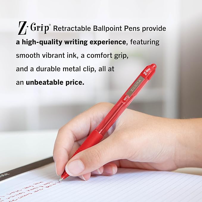 Zebra Pen Z-Grip Retractable Ballpoint Pen, Smooth-Flowing Red Ink, 1.0mm Medium Point, School & Office Supplies, Ideal for Note-Taking, Journal and Planner Use, 18-Pack (22318)