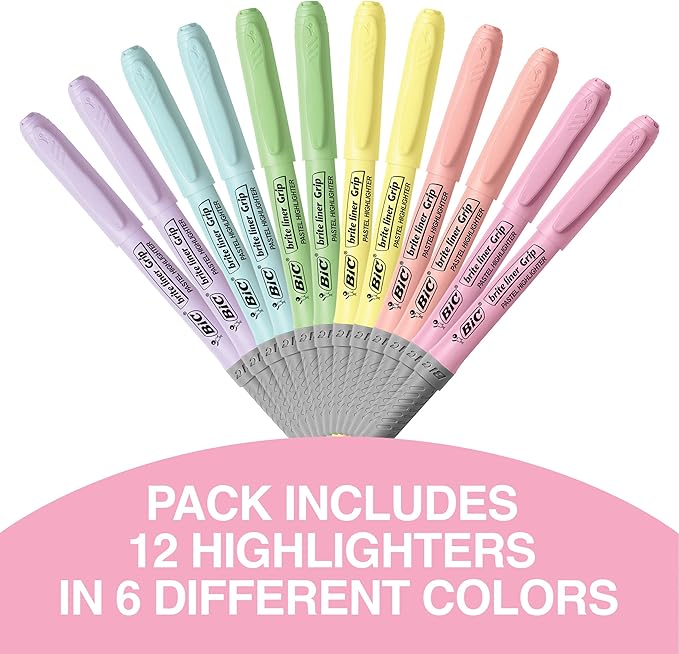 BIC Brite Liner Grip Pastel Highlighter Set, Chisel Tip for Fine and Broad Lines, 12-Count Pack in Assorted Colors