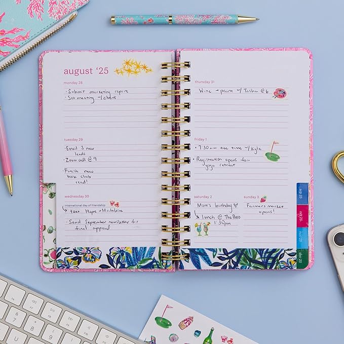 Lilly Pulitzer Medium Planner August 2025 - December 2026, Weekly Agenda & Monthly Calendar, Stickers, Pockets, Spiral Binding, 5" x 8.25" (Palm Beach Playground)