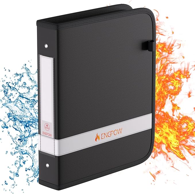 ENGPOW 3 Ring Binder,Fireproof 1.5 Inch D Ring Binder with Zipper,Holds 375 Sheets,Non-Stick,PVC-Free,Compatible with Clear Sheet Protectors,Portable School Office Home Safe Storage for Paper,Black