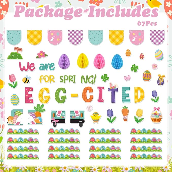 Konsait 67Pcs Easter Bulletin Board Decorations Set, Spring Flowers Borders 3D Eggs Cutouts for School Home Office, Easter Decorations