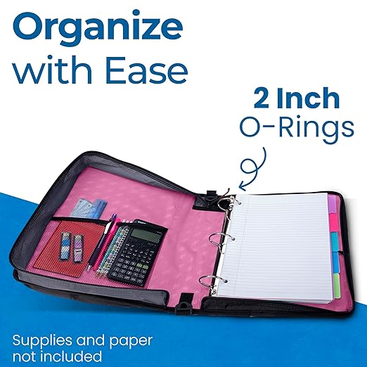 Case-it Universal Zipper Binder | 2-Inch O-Rings, 13-Inch Laptop/Tablet Padded Pocket, 400 Sheet Capacity, Multiple Storage Pockets & Shoulder Strap | School & Office Organizer | LT-007 Light Pink