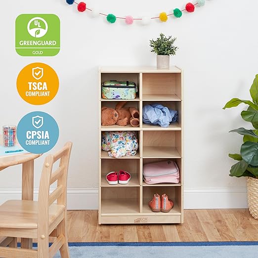 ECR4Kids 10 Cubby Mobile Tray Storage Cabinet, 5x2, Classroom Furniture, Natural