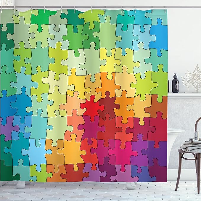 Ambesonne Abstract Shower Curtain, Colorful Game Pieces Fractal Hobby Activity Leisure Cartoon Image, Cloth Fabric Bathroom Decor Set with Hooks, 69" W x 70" L, Multicolor Mustard Burgundy