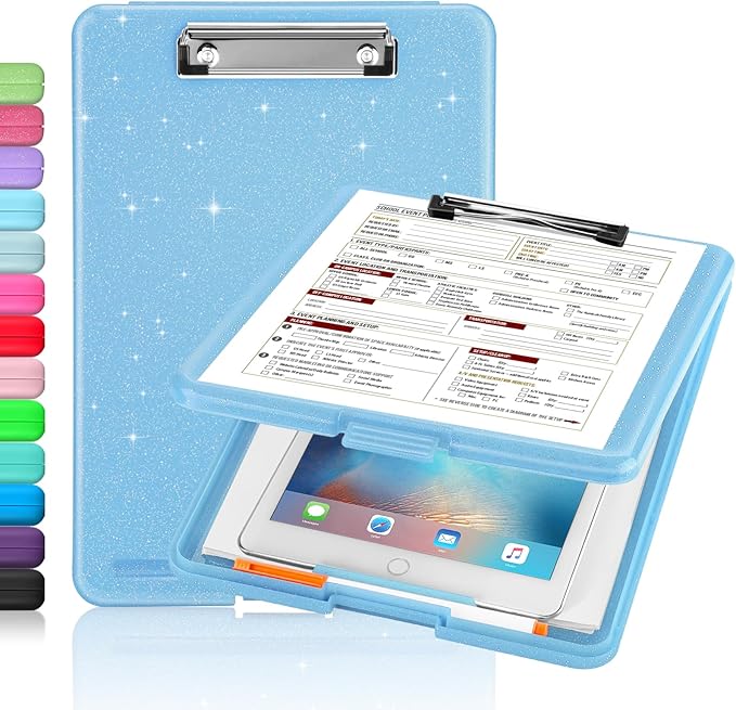 Sooez Clipboard with Storage, Plastic Storage Clipboards with Low Profile Clip, Nursing Clip Boards Foldable, Hanging Clipboard Case for Work, Teacher, Classroom Must Haves, Office School Supplies
