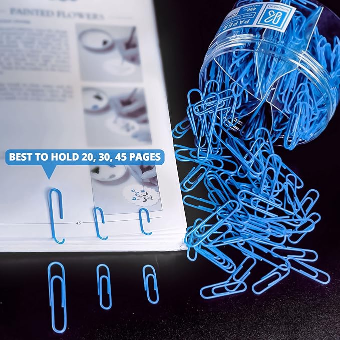450 Blue Color Paper Clips Assorted Sizes Small, Medium and Large Paper Clips for Paperwork Ideal for Home, School and Office Use (Assorted, Blue)