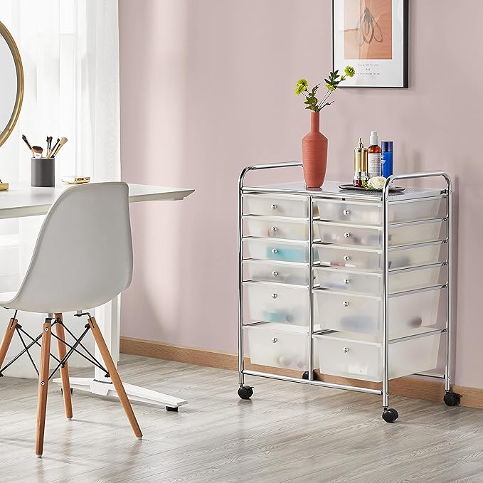 Yaheetech 12 Drawers Rolling Storage Cart Multipurpose Movable Organizer Cart Storage Bin Trolley Tools Scrapbook Paper Organizer on Wheels, White