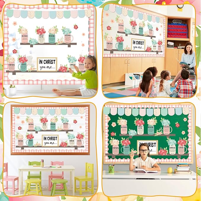 Spring Christian Religious Bulletin Board Set Christian Floral Classroom Decorations Colored Flowers and Vases Bookshelf Paper Cutouts for Sunday School Church Office Home Chalkboard Wall Door Decor